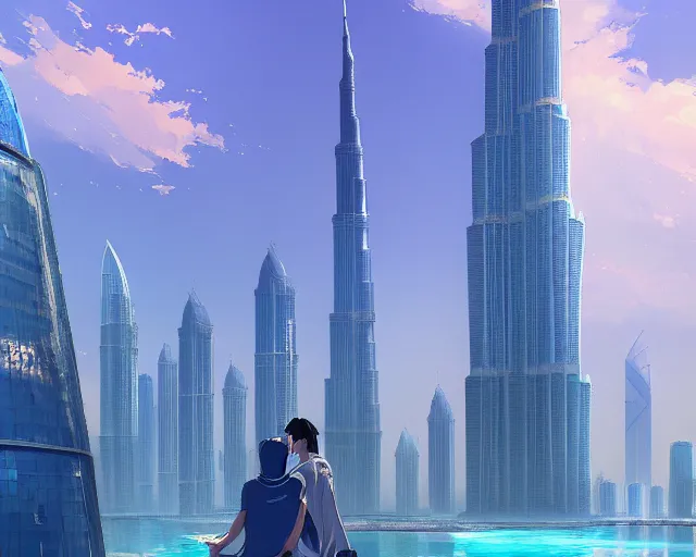 Prompt: dubai city and burj khalifa in front blue water, atmospheric lighting. by makoto shinkai, stanley artgerm lau, wlop, rossdraws, james jean, andrei riabovitchev, marc simonetti, krenz cushart, sakimichan, d & d trending on artstation, digital art.