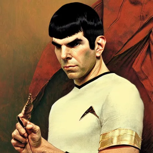 Image similar to portrait of ZACHARY QUINTO SPOCK in ancient Greece, (SFW) safe for work, photo realistic illustration by greg rutkowski, thomas kindkade, alphonse mucha, loish, norman rockwell