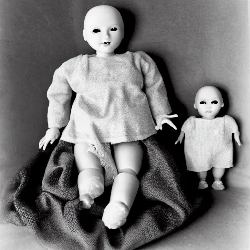 Prompt: a humanoid figure made up of various baby dolls. some of the baby doll parts are old and some are new. the figure has its head slightly tilted to the side staring at the camera. black and white photo.