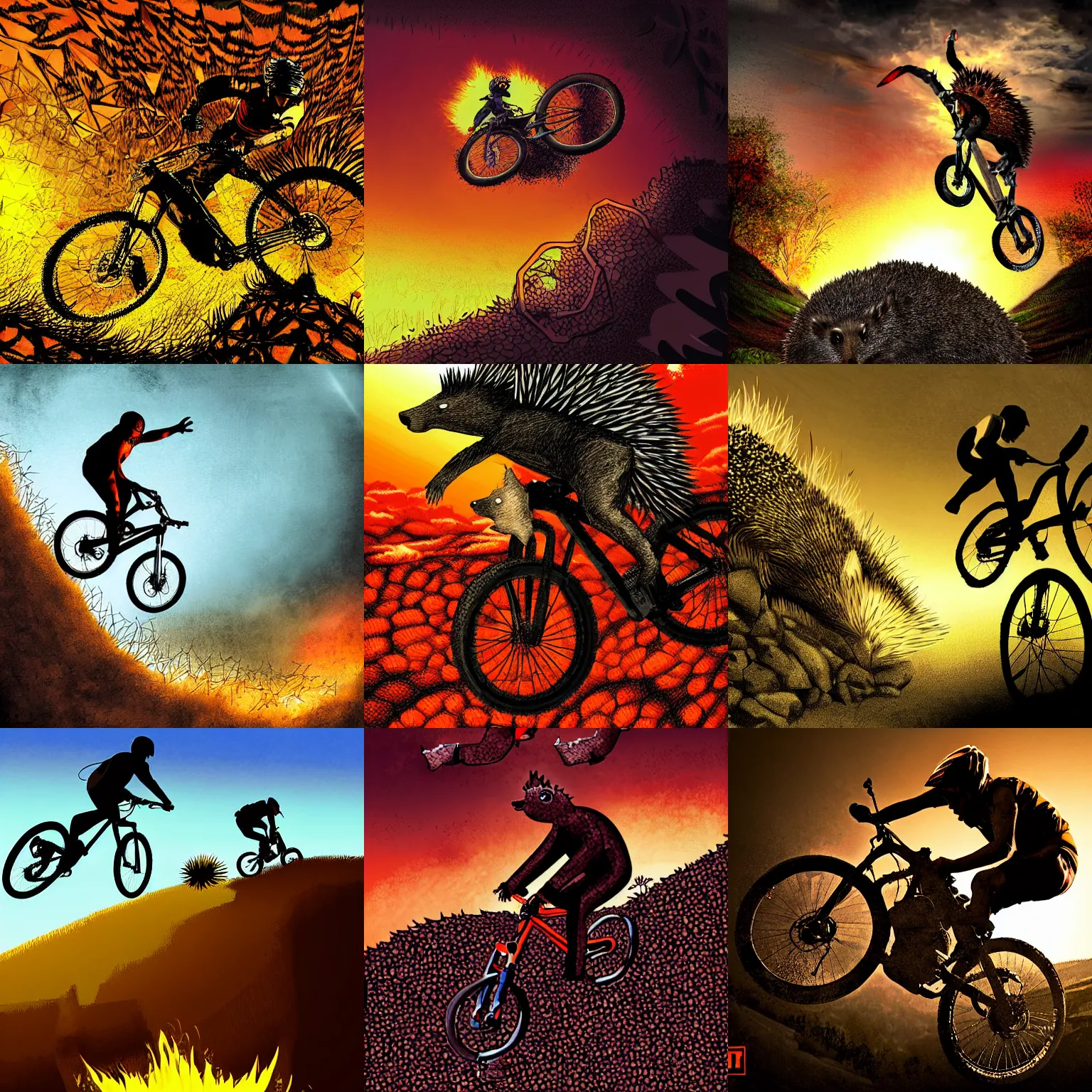 Prompt: mountain biker jumps over a hedgehog, he falls down into the gates of hell, digital art, dramatic backlighting