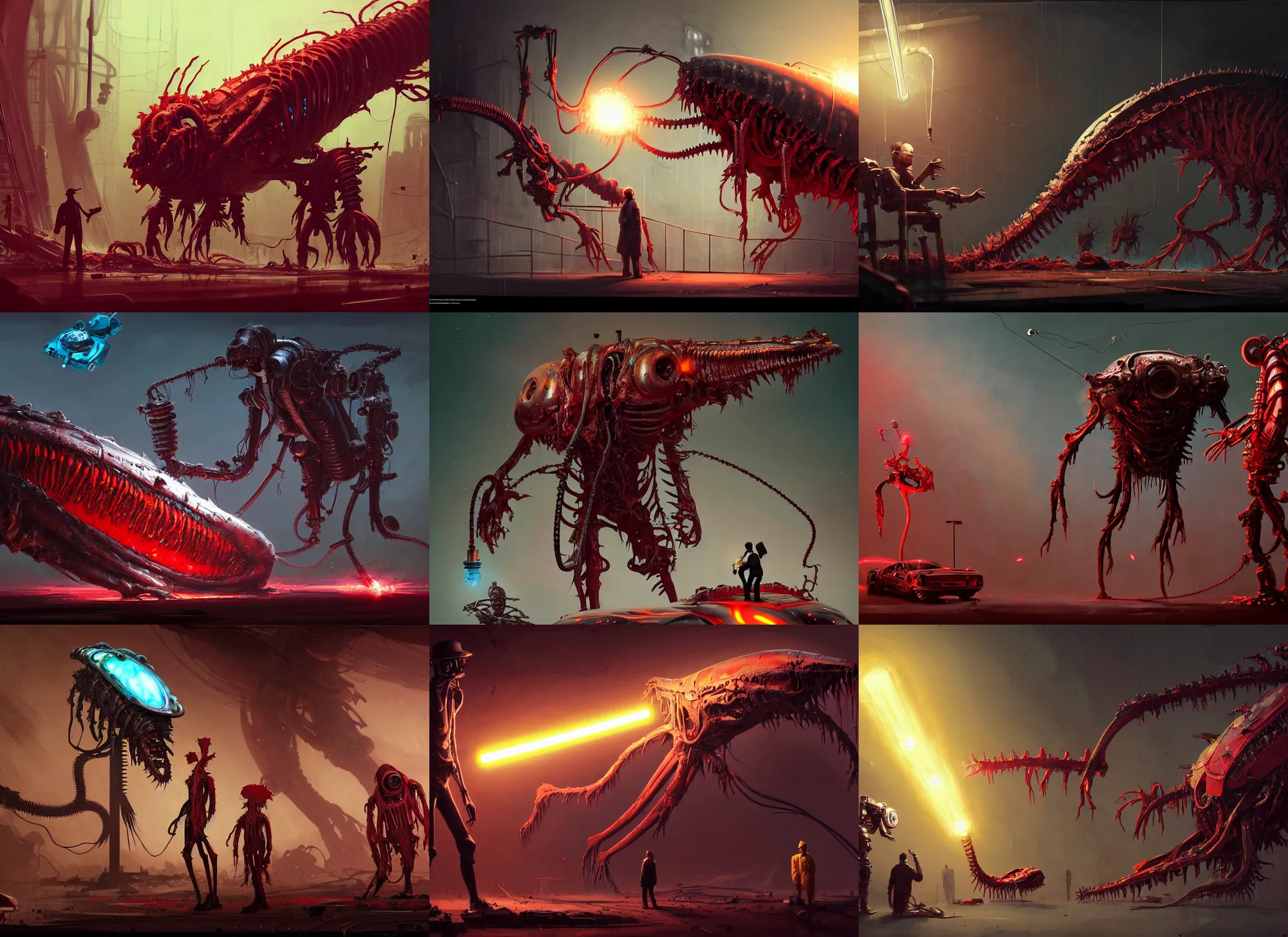 Prompt: duotone dark ghastly scientist examine giant fishlike alien carcass, steampunk cyborg with sparky flare dark red. highly detailed mechanism cinematic lighting. golden ratio. accidental renaissance. by sachin teng and sergey kolesov and ruan jia and heng z. graffiti art, scifi, fantasy, hyper detailed. octane render. concept art. artstation