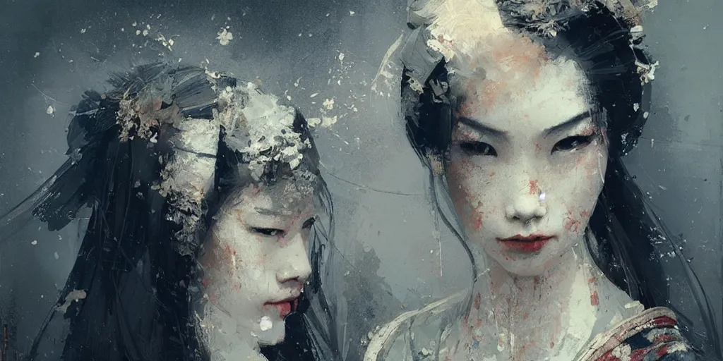 Image similar to female geisha girl, beautiful face, rule of thirds, intricate outfit, by greg rutkowski, by jeremy mann, digital painting