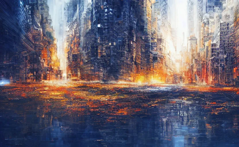 Prompt: City crashing into the Ground, digital painting, expressionistic, intricate detail, meticulous brush strokes, genius composition, masterpiece, work of art, 4k wallpaper