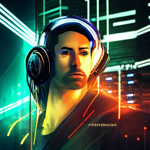 Prompt: electronic dj portrait, cyberpunk 2 0 7 7, cyberpunk, photorealistic, ultra detailed, neon, octane, bokeh, cinematic lighting, cyber, cyberpunk city, headphones, studio quality, feature, scars, cyberface, 8 k