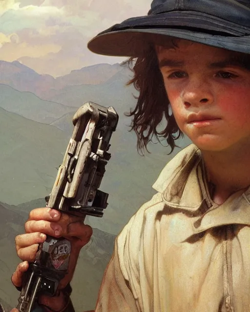 Prompt: side portrait of an Appalachian boy playing with a dusty cap gun, detailed features, dirt, Appalachian mountains, sharp focus, illustration, highly detailed, oil painting, matte, art by Greg Rutkowski and Alphonse Mucha, masterpiece