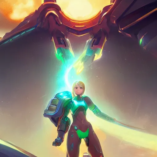 Prompt: Samus Aran with an energy sword on a halo ring, by greg rutkowski and thomas kinkade, Trending on artstation 4K.