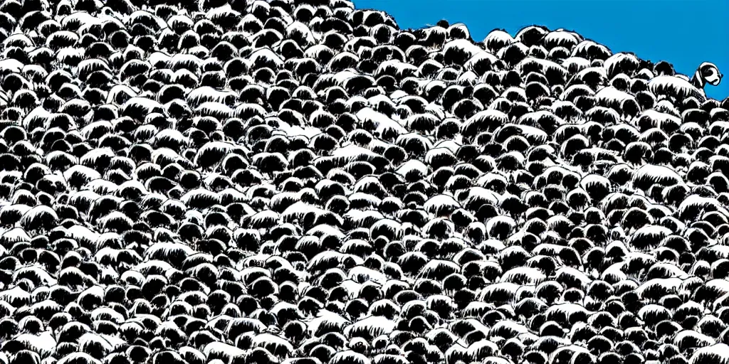 Prompt: forty five white sheep facing away are falling like lemmings down cliff to the jagged rocks at sea level and facing the crashing white waves, there is one single eye catching black sheep going against the crowd, blue skies, old colored sketching, cliff panoramic shot