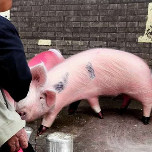 Image similar to xi jinping shocking pigs in slaughterhouse, shock stick
