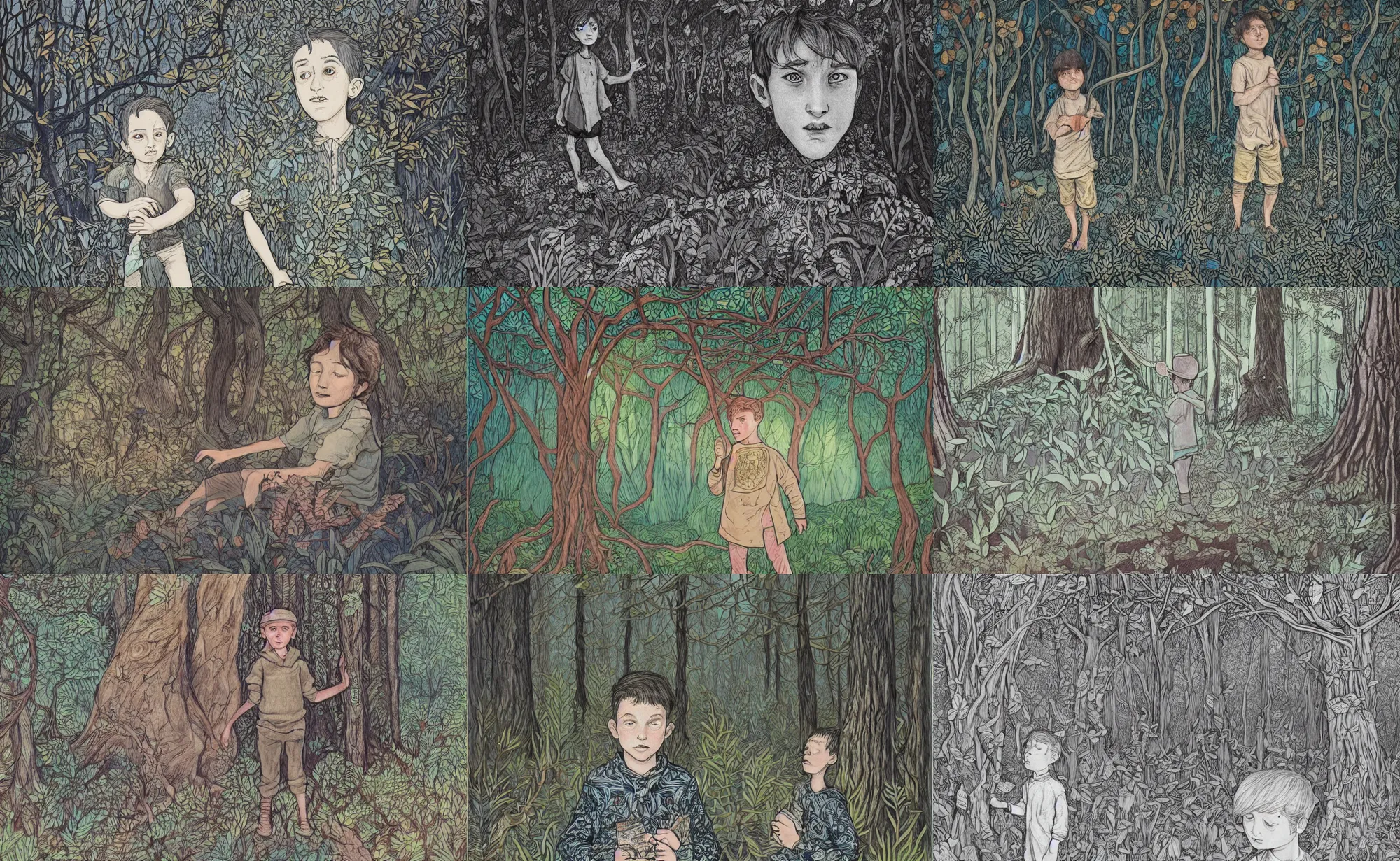 Prompt: book illustration of boy in forest, by beatrice blue, by julia sarda, by loish, by szymon biernacki. dark guache, pastels. pencils. dark. hand drawn. complex pattern figurative ornamental. patterns intricate. detailed, textured, orthoview. artstation instagram behance