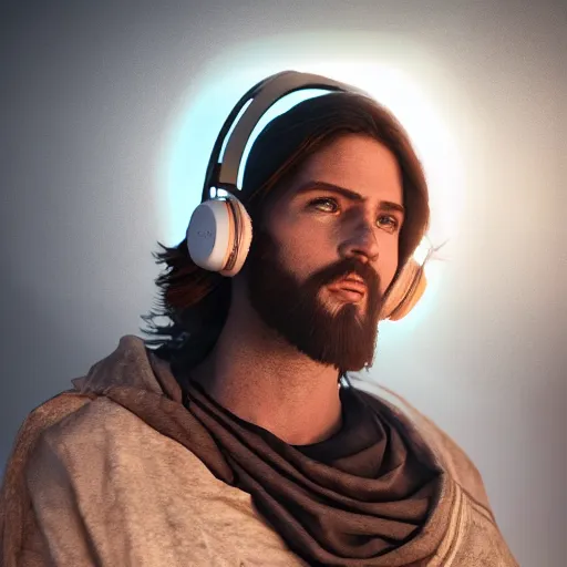 Image similar to jesus christ, with a gaming headset gaming, led lights, unreal engine, dslr, award winning, 8 k, octane beautifully detailed render, cold lighting, cinematic lighting, detailed photo,