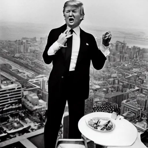 Prompt: a photograph of donald trump eating his lunch on top of a skyscraper in 1930