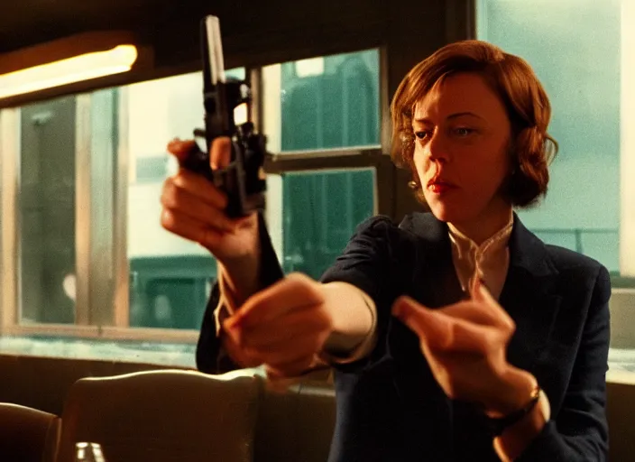 Prompt: cinematic portrait of olivia coleman holding up a heavy black handgun in her left hand, standing paranoid in classic diner, scene from the tense thriller film ( 2 0 0 1 ) directed by spike jonze, hyper - detailed face, 4 k, dramatic backlit window, volumetric hazy lighting, moody cinematography, 3 5 mm kodak color, anamorphic wide angle lens