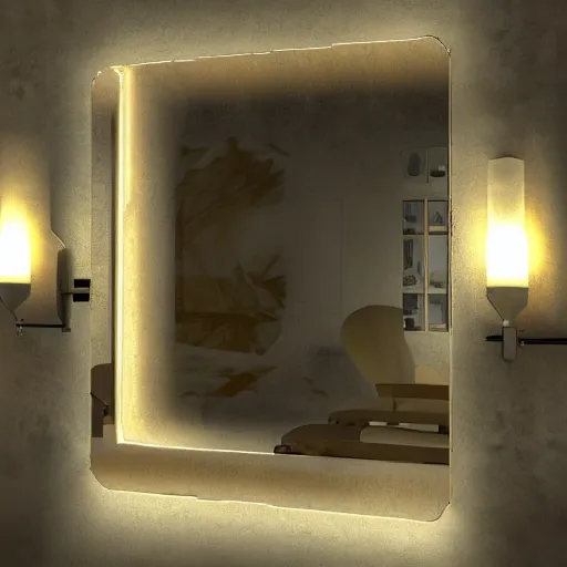 Image similar to a mirror but in the reflection is a fantasy world, dynamic lighting, photorealistic, ambient lighting