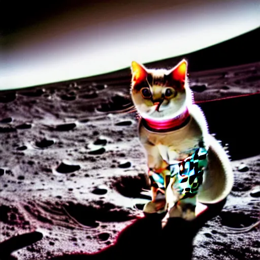 Image similar to cat wearing astronaut suit on the moon planet earth in the background sigma 1 4 mm f / 1. 8 astroied belt