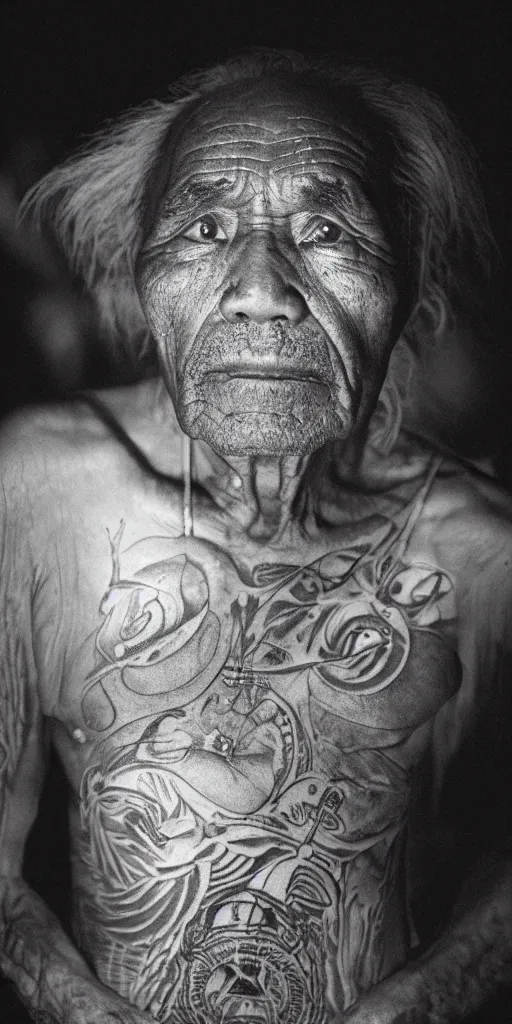 Prompt: an old indigenous man with micron pen ink tattoos stares imat the camera, night sky, stars, bruce gilden, leica s, fuji 8 0 0, grainy, low light