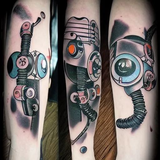 Prompt: Anime manga robot!! catgirl tattoo, exposed wires and gears, fully robotic!! catgirl, manga!! in the style of Junji Ito and Naoko Takeuchi, cute!! chibi!!! catgirl, tattoo on upper arm, arm tattoo
