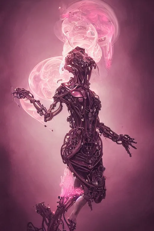 Prompt: Biomechanical Amulet Imbued with Pink Vapor, digital art, fantasy, magic, professional illustration by Seb McKinnon, WLOP, and artgerm, illustration