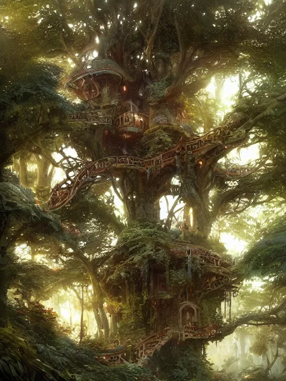 Prompt: worm's eye view of a elven headquarters tree house and flower garden, neat and tidy, magical, natural light, fantasy, sharp focus, concept art, by greg rutkowski and craig mullins, cozy atmospheric