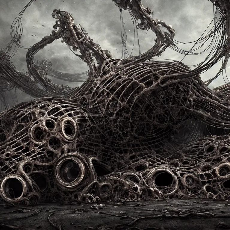 Prompt: ribbed abandoned biomechanical organic crashed car wreck on exoplanet at night, in a desolate empty wasteland, covered with organic roots, wires, tentacles, creepy, nightmare, dream-like heavy atmosphere, surreal abandoned buildings, baroque painting, beautiful detailed intricate insanely detailed octane render trending on Artstation, 8K artistic photography, photorealistic, chiaroscuro, cinematic volumetric light, Raphael, Caravaggio, Beksinski, Giger