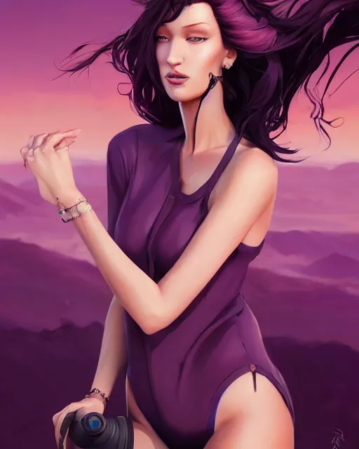 Image similar to beautiful Bella Hadid purple hair tattoos symmetrical face eyes full body fantasy art icon, 3d art gta5 cover, official fanart behance hd artstation by Jesper Ejsing, by RHADS, Makoto Shinkai and Lois van baarle, ilya kuvshinov, rossdraws