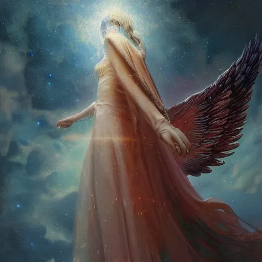 Image similar to UHD hyperrealistic photorealisitc, detailed cosmic robotic angel, with real wings, by Greg Rutkowski and Ayami Kojima, tonalism, rich deep colors masterpiece