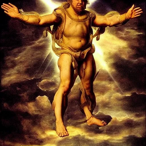 Prompt: Danny Devito as God dressed in an exosuit, heaven, War, Battle, Smiting the Devil, Holding Light in his hands, Lightbeams, clouds, surreal, Leonardo Divinci inspired, Michael Angelo inspired, Painting, Religious art