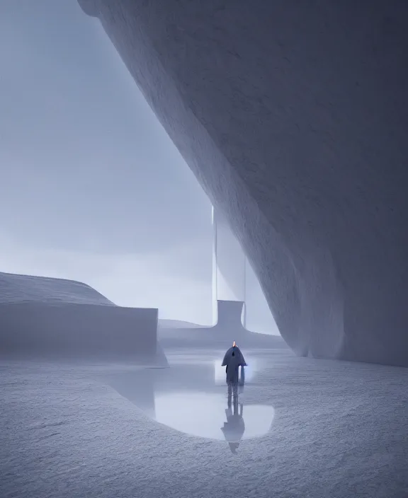 Image similar to surreal exploration, futuristic white architecture in the beach in iceland, foggy, highly detailed, digital painting, arstation, concept art, hyperealistic octane render, unreal engine,