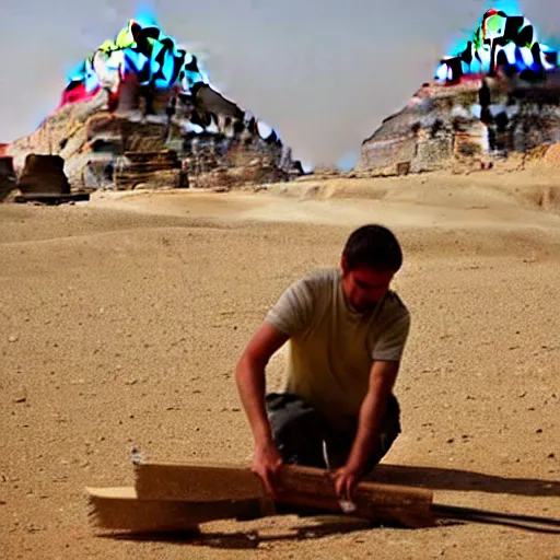 Image similar to a man cutting wood in front of egypt pyramids