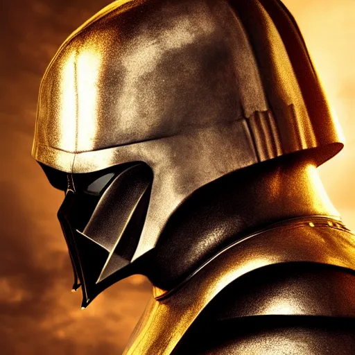 Image similar to realistic templar knight helm design inspired by darth vader, epic scale, character concept art, face symmetry, intricate accurate details, artstation trending, octane render, cinematic color grading, soft light, rule of thirds, golden ratio, like a professional model, cinematic, 8 k, clear.