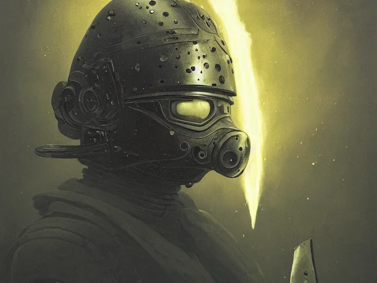 Image similar to a detailed profile painting of a bounty hunter in engraved knight armour and visor. cinematic sci-fi poster. Cloth and metal. Welding, fire, flames, samurai Flight suit, accurate anatomy portrait symmetrical and science fiction theme with lightning, aurora lighting clouds and stars. Clean and minimal design by beksinski carl spitzweg giger and tuomas korpi. baroque elements. baroque element. intricate artwork by caravaggio. Oil painting. Trending on artstation. 8k