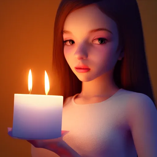 Prompt: A cute girl holding a glowing candle, fragile, soft, vray, hyperdetailed, 3d character, game character