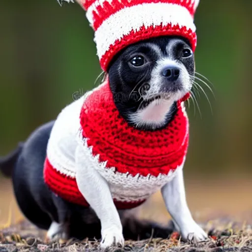 Prompt: a small dog wearing a red and white knitted hat, a stock photo by master of the bambino vispo, shutterstock contest winner, rasquache, stock photo, made of beads and yarn, stockphoto