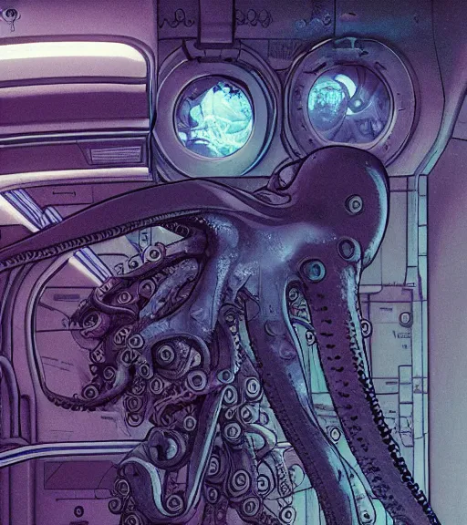 Image similar to a cybernetic realistic octopus in a space station, techwear, Industrial Scifi, detailed illustration, character portrait, by Martin Grip and Moebius