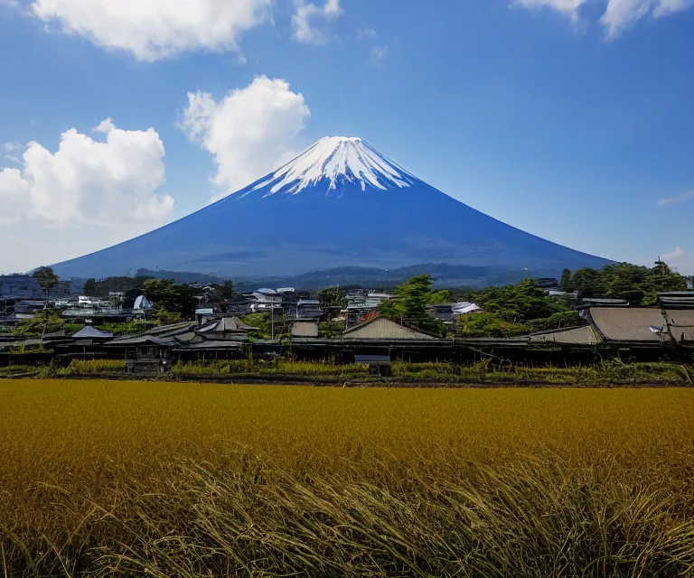 Image similar to a photo of mount fuji, japanese landscape, rice paddies, beautiful sky, seen from a window of a train.