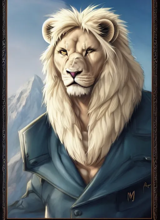 Image similar to aesthetic portrait commission of a of a male fully furry muscular anthro albino lion wearing attractive builders outfit with builders hat. Character design by charlie bowater, ross tran, artgerm, and makoto shinkai, detailed, inked, western comic book art, award winning film poster painting