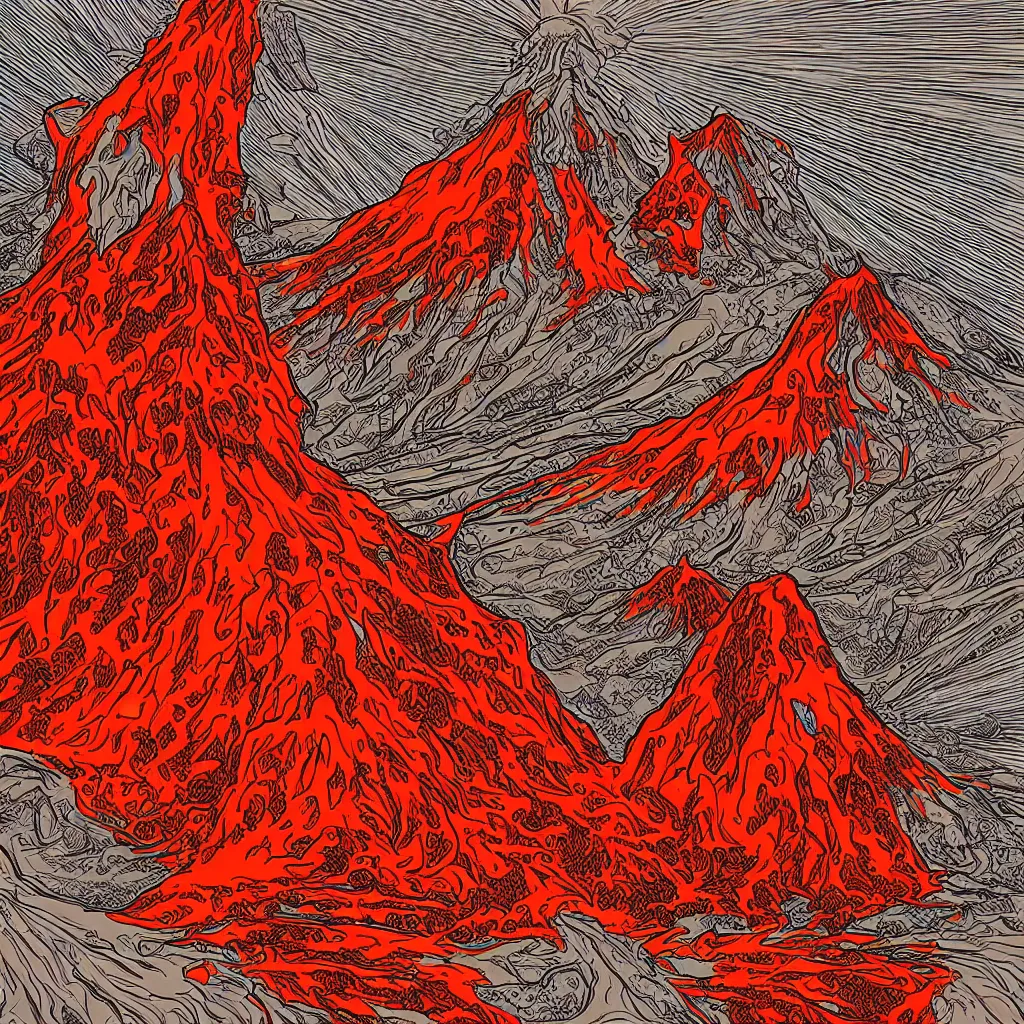 Image similar to erupting volcano graphic design, line art, artstation, lowbrow