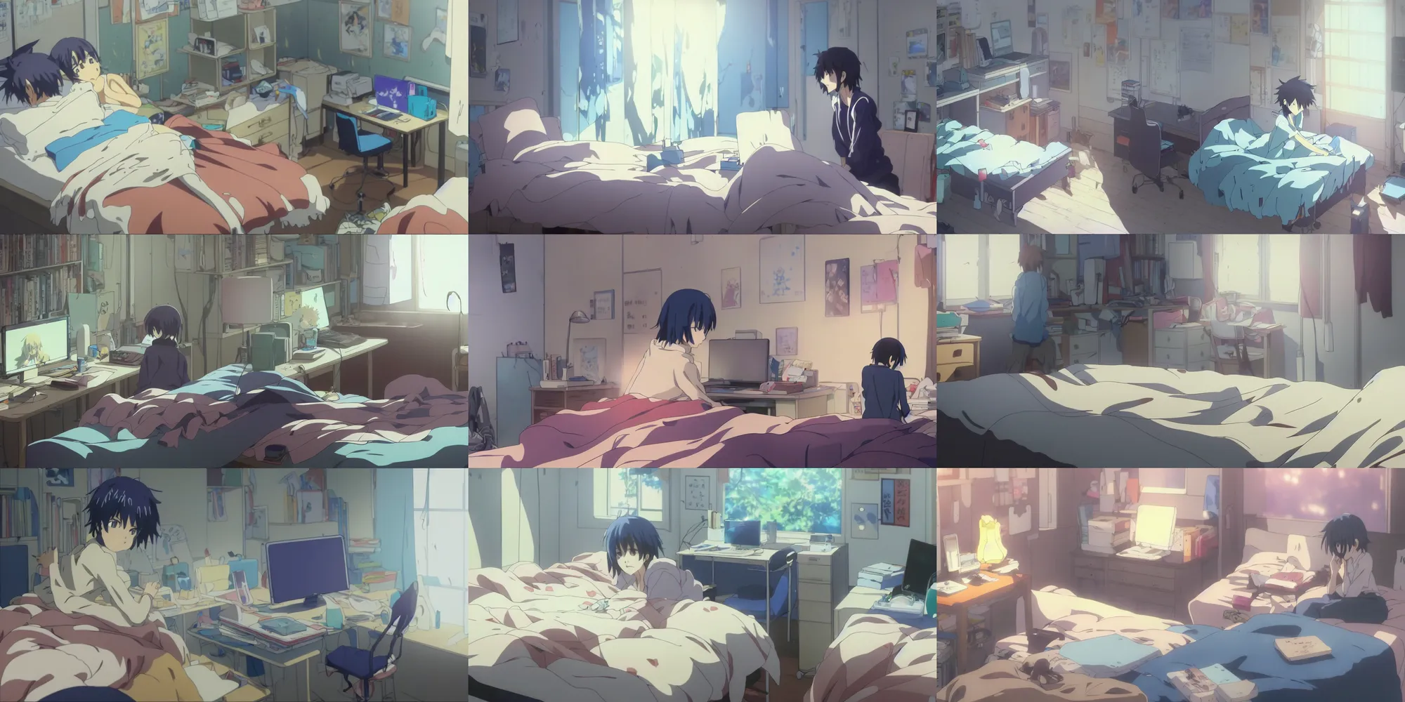 Prompt: an intimate close up of the anime main character's bedroom in the anime film by makoto shinkai; a computer desk, (books), messy clothes, anime lover, posters, toys, screenshot from the makoto shinkai anime