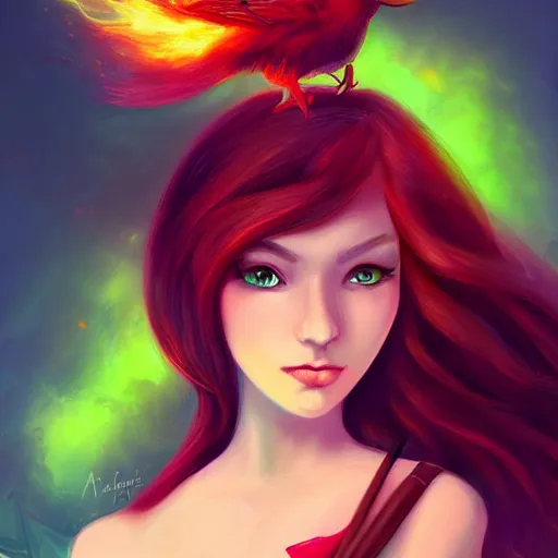 Image similar to a beautiful stunning fantasy whimsical matte digital portrait illustration of a pretty womam with bright green eyes and fiery red hair with a green bird on her shoulder, in the style of Ross Tran, trending on artstation, contest winner