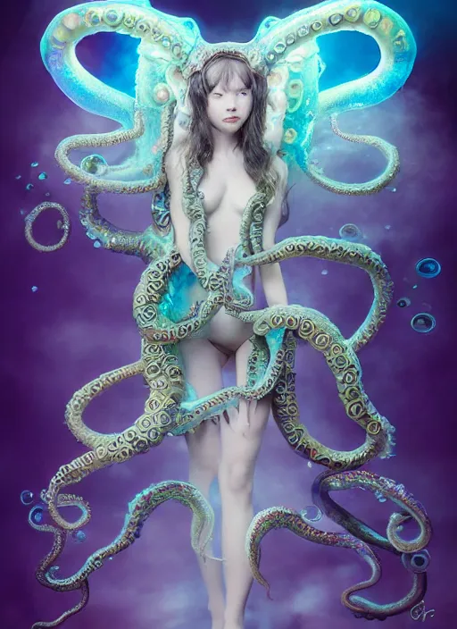 Image similar to A full shot of a cute magical monster girl sea creature Made of opals and tentacles. Fully Clothed. F1.4. Symmetrical. Dark Smoke and VFX. Caustics refraction. Prism light. Demon Horns, Angel Wings, By Giger and Ruan Jia and Artgerm and Range Murata and WLOP and William-Adolphe Bouguereau. Pipes. Lisa Frank Inspired. Key Art. Fantasy Illustration. award winning, Artstation, intricate details, realistic, Hyperdetailed, 8k resolution.