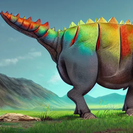 Prompt: hybrid animal mix between colorful stegosaurus and rhinocerous in prehistoric landscape detailed painting 4 k