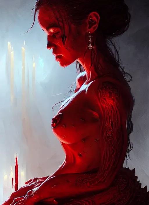 Image similar to portrait of a beautiful demon in a flowing dress made of blood, carving glowing bloody runes into a profane altar, intricate, elegant, highly detailed, digital painting, artstation, concept art, smooth, sharp focus, illustration, art by wlop, mars ravelo and greg rutkowski