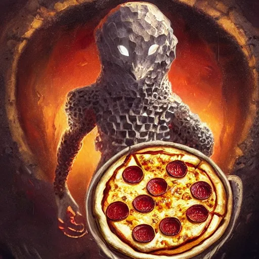 Image similar to ultra realistic illustration of pizza golem, intricate, fantasy italy, elegant, highly detailed, digital painting, artstation, concept art, smooth, sharp focus, illustration, art by tim mcburnie and conar cross and anato finnstark