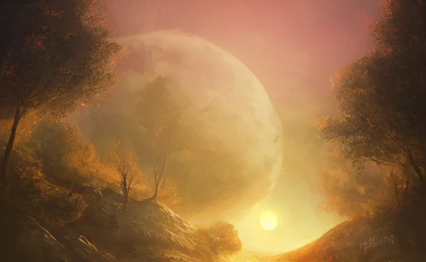 Image similar to digital sci-fi painting of a gigantic black sphere floating over the forest, concept art, beautiful sunset lighting, golden hour, 4k trending on artstation