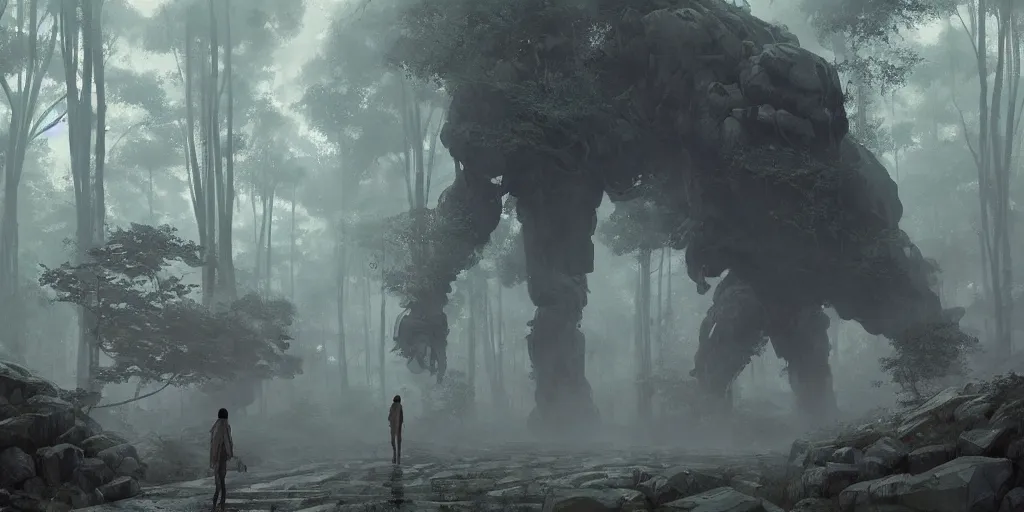 Prompt: An enormous stone golem walks through a tranquil and serene forest, digital art by Greg Rutkowski and Studio Ghibli