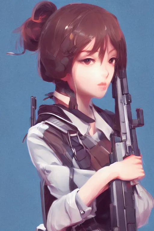 Prompt: cute girl wearing a gun, by wlop, rain, poster, anime key visual, artstation