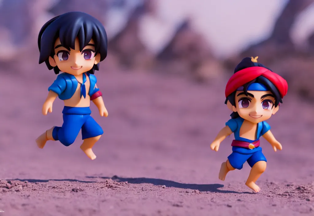 Image similar to young aladdin as nendoroid running in desert village, 8 k hd dof, kodak film,