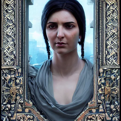 Image similar to hyperrealistic mixed media high resolution image of a woman Kurdish lawyer, stunning 3d render inspired art by István Sándorfi and Greg Rutkowski and Unreal Engine, perfect symmetry, dim volumetric lighting, 8k octane beautifully detailed render, post-processing, extremely hyper-detailed, intricate, epic composition, highly detailed attributes, highly detailed atmosphere, full body shot, cinematic lighting, masterpiece, trending on artstation, very very detailed, masterpiece, stunning, flawless structure, lifelike texture, perfection,