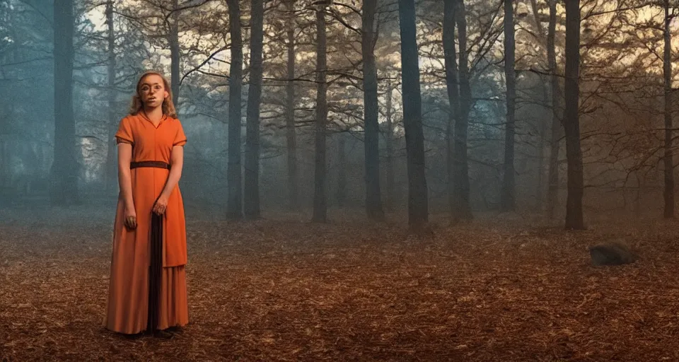 Image similar to Emilia Clarke in Hereditary (2018) high contrast lighting, night scene, blue and orange palette, film still