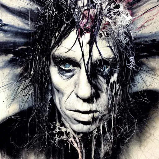 Image similar to stunning portrait of gaunt iggy pop a ( the cure fan ) as dream from sandman, dim stars as eyes, by jeremy mann, by cedric peyravernay, by by russ mills, by richard avedon and ben templesmith, dramatic lightning, sadness, dark eye sockets, in the shadows, punk rock, gothic, high detailed, 8 k