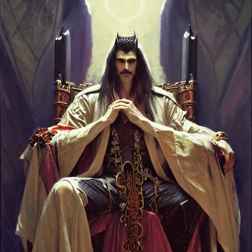 Prompt: perfectly centered portrait of attractive vampire king in a robe sitting on a throne of bones, highly detailed painting by gaston bussiere, craig mullins, j. c. leyendecker, 8 k